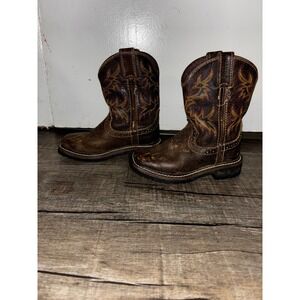 Kids Brown Justin Western Cowboy Boots w/ Colorful Stitching Square Toe Size 10D